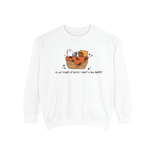 Halloween Boo Basket Sweatshirt — 'I'm not a girl, I swear I meant a boo basket' Cozy Halloween Pullover