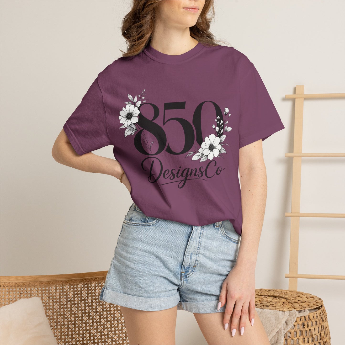 850 Designs Co Floral Logo T-shirt | Script Number Graphic