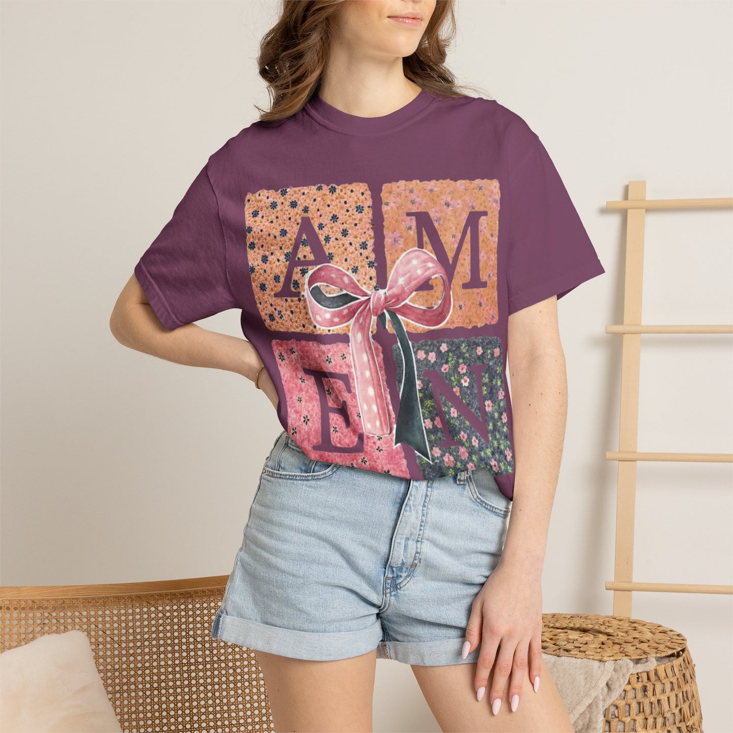 Amen Floral Bow T-Shirt — Decorative Letter Graphic Tee