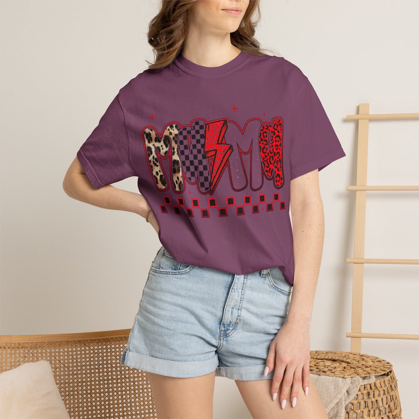 Mama Lightning Bolt Graphic T-Shirt — Playful Leopard & Heart Print