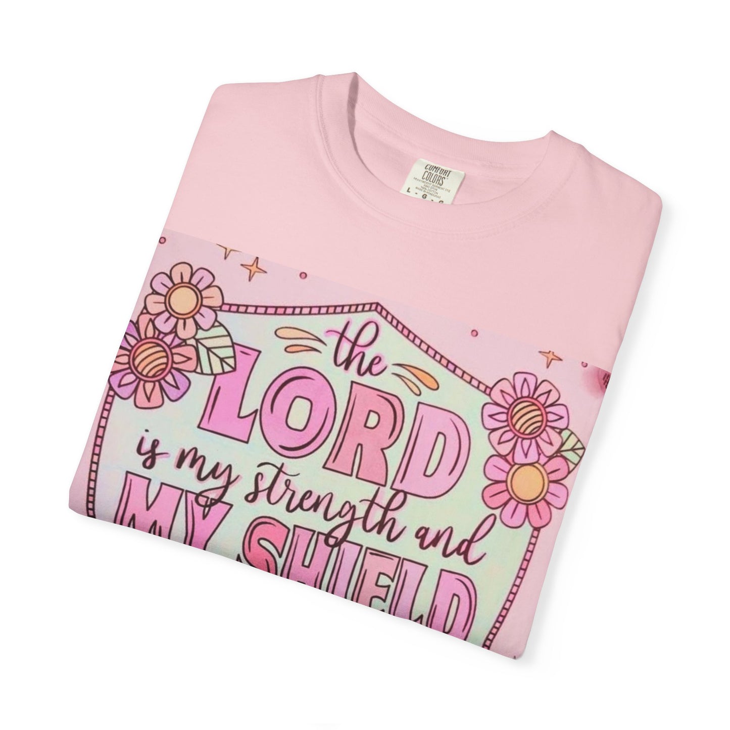Women’s Faith T-Shirt — “The Lord Is My Strength and My Shield” Floral Christian Tee
