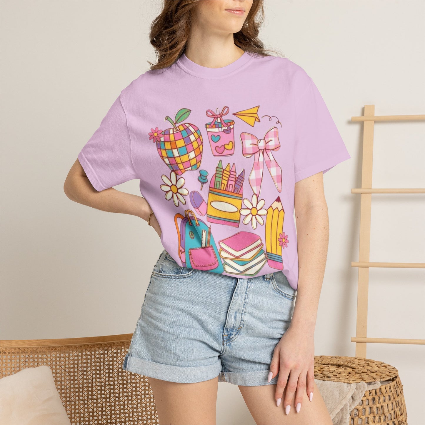 Back-to-School Cute Supplies T-Shirt — Colorful Pencil, Backpack & Apple Design