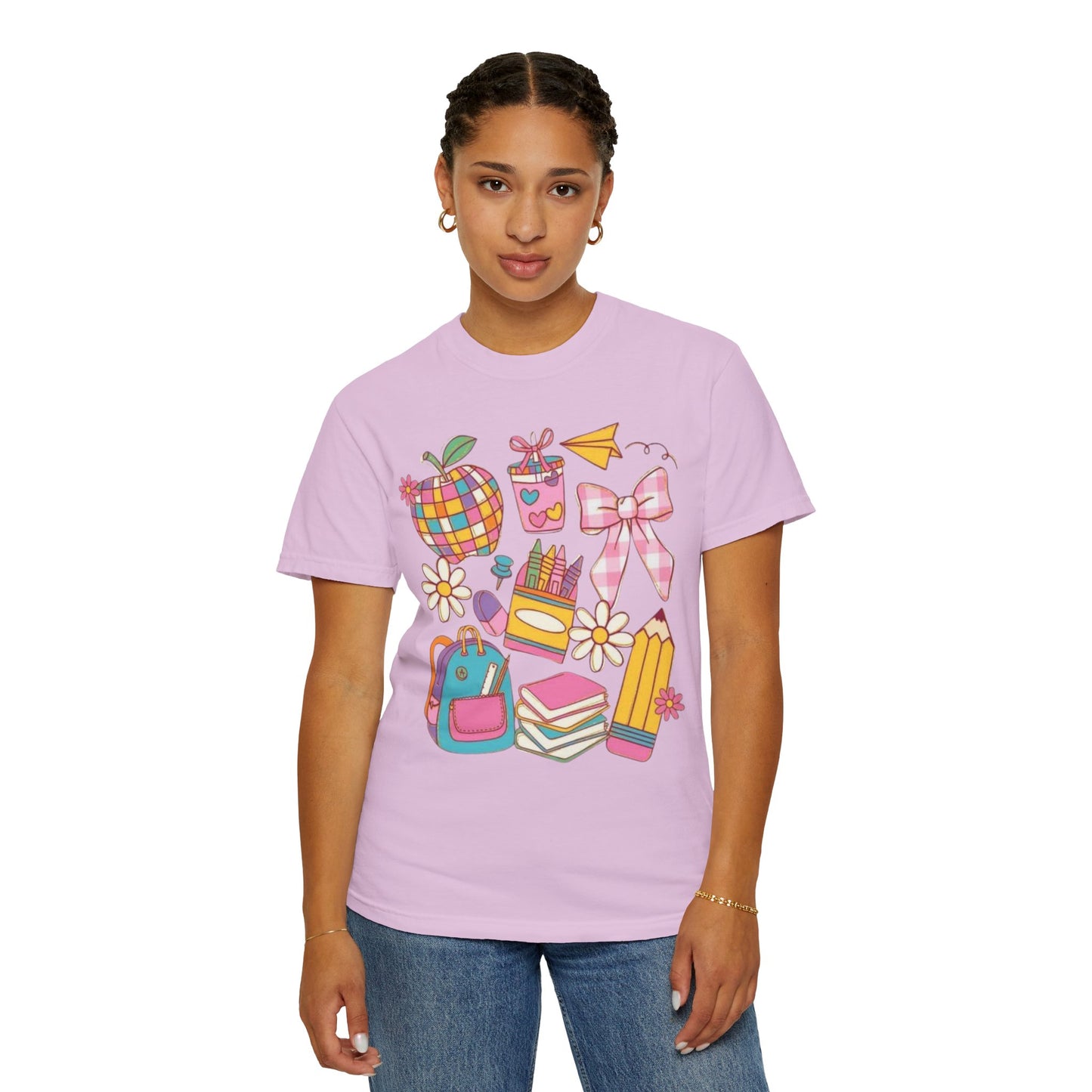 Back-to-School Cute Supplies T-Shirt — Colorful Pencil, Backpack & Apple Design
