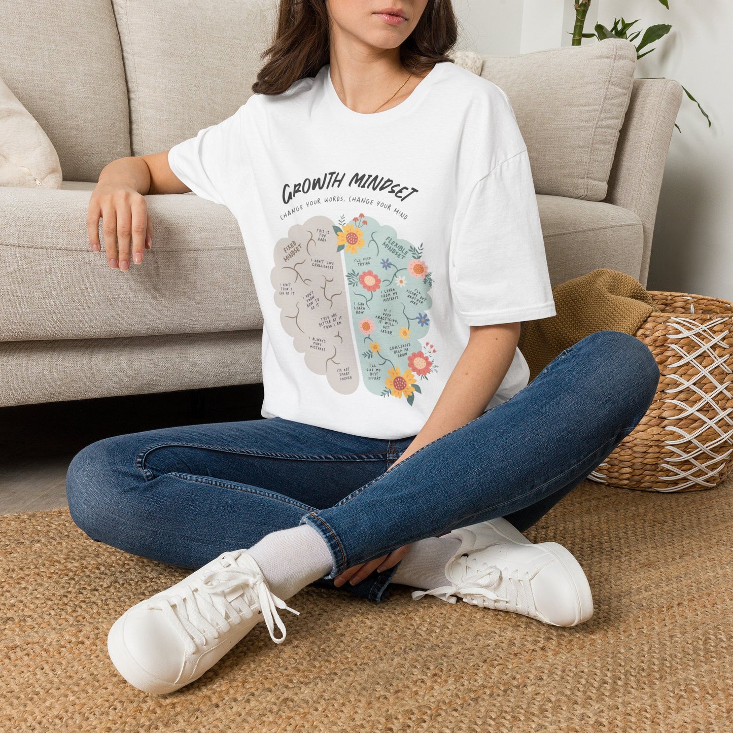 Growth Mindset T-Shirt — Inspirational Brain Illustration Tee ("Growth Mindset: Change Your Words, Change Your Mind")