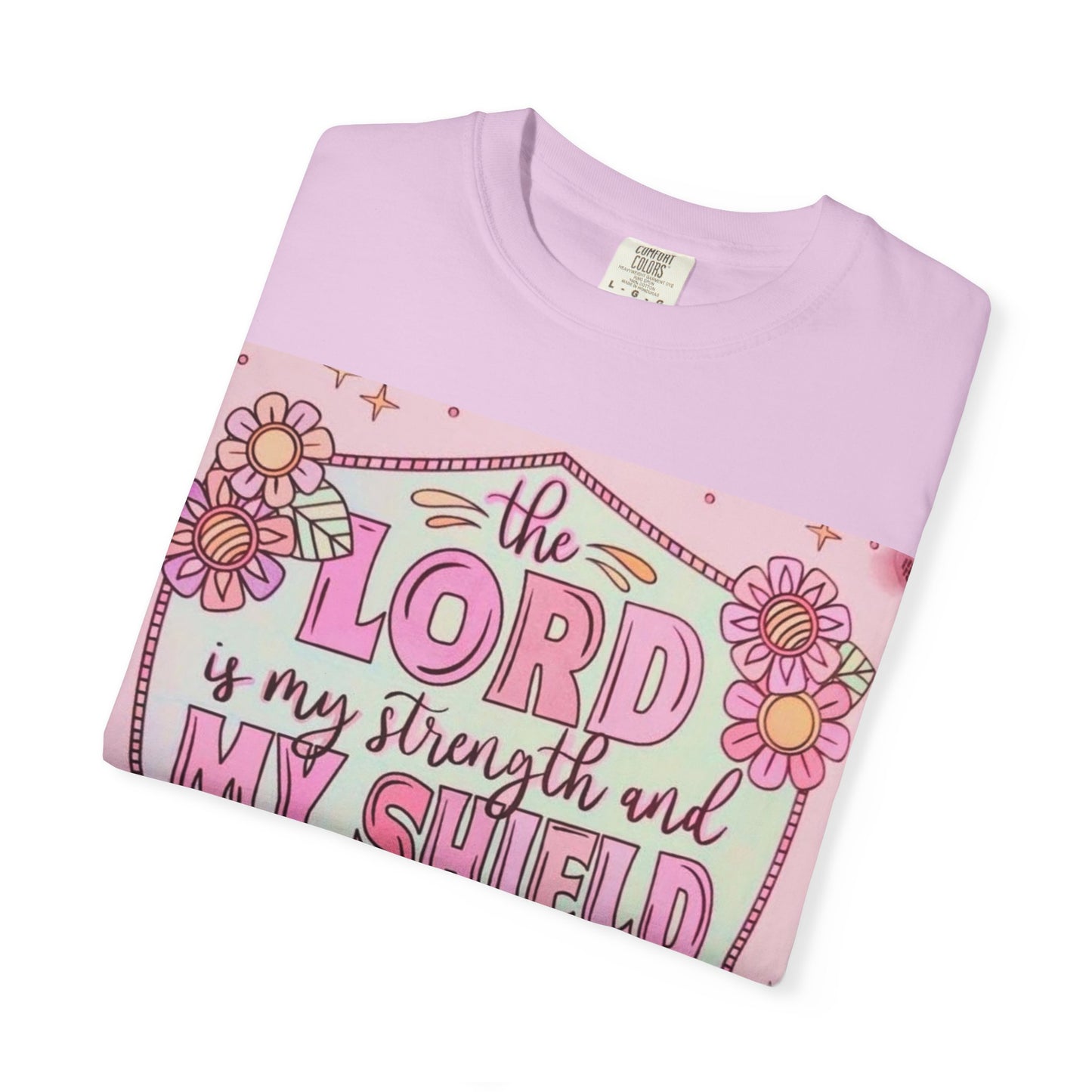 Women’s Faith T-Shirt — “The Lord Is My Strength and My Shield” Floral Christian Tee