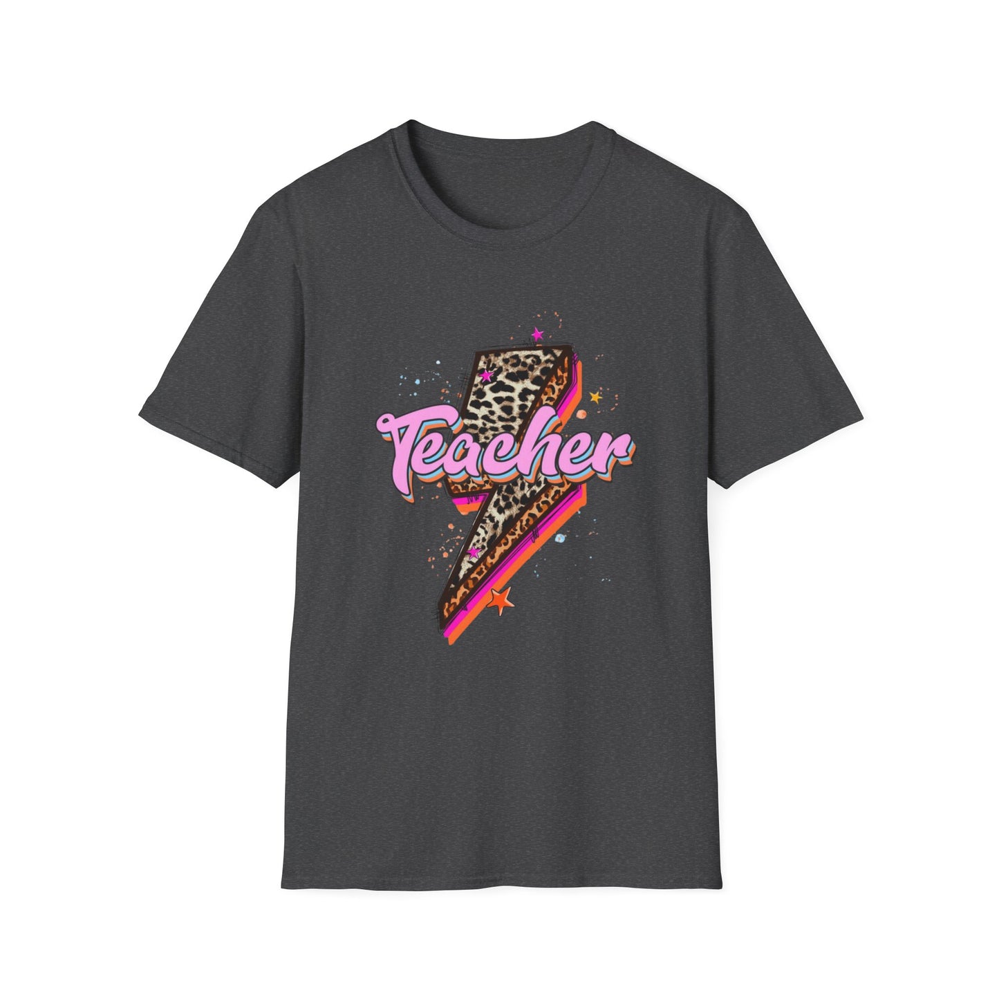 Teacher Lightning Bolt Leopard Print T‑Shirt — Retro Pink Script Graphic Tee for Educators