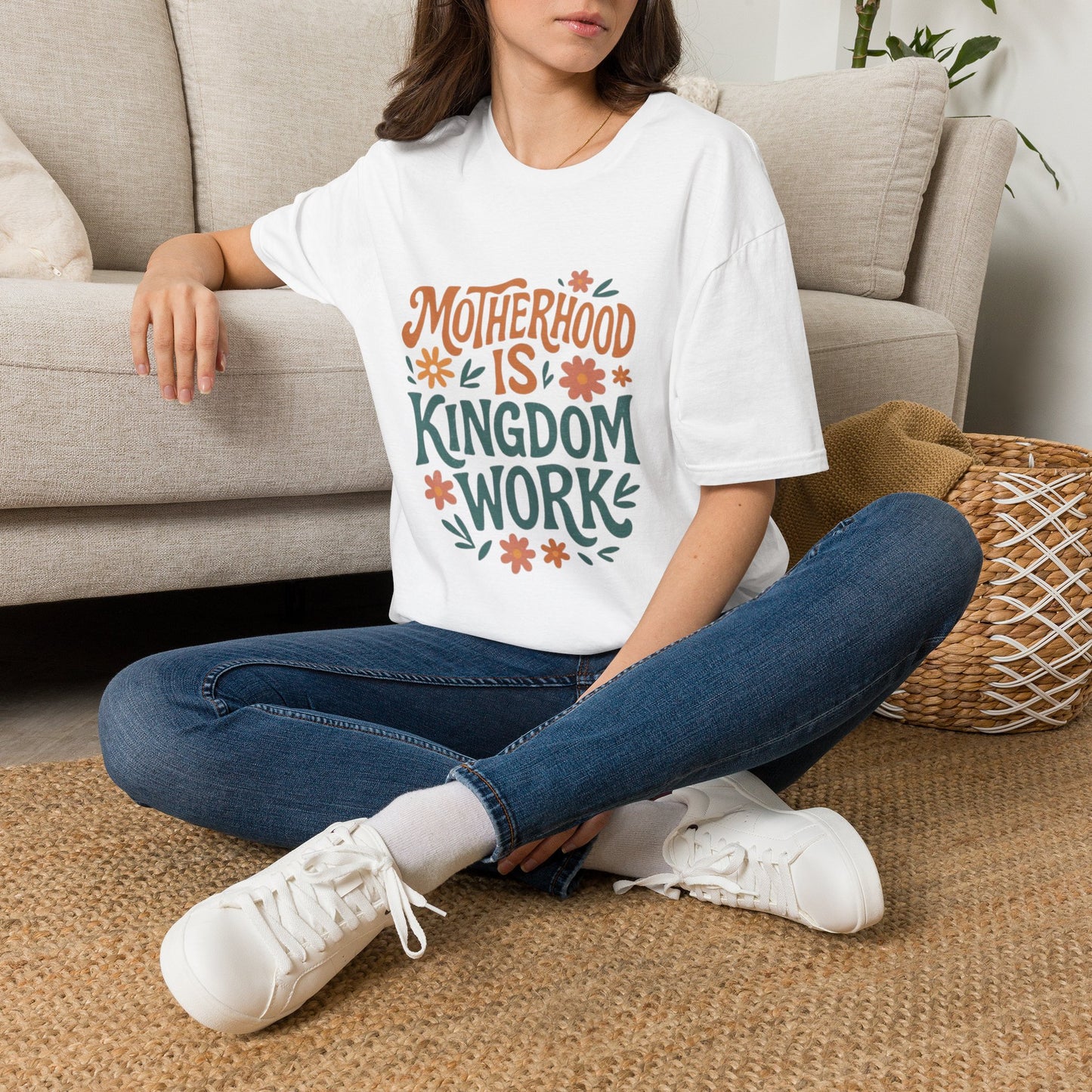 Motherhood Is Kingdom Work T-Shirt — Floral Christian Mom Tee