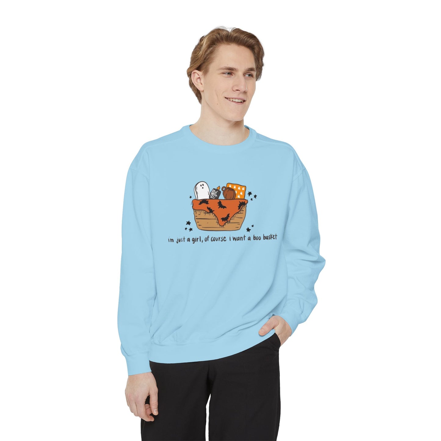 Halloween Boo Basket Sweatshirt — 'I'm not a girl, I swear I meant a boo basket' Cozy Halloween Pullover