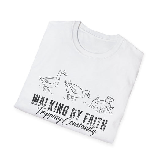 Walking By Faith Tee — 'Walking By Faith, Tripping Constantly' Duck Graphic Christian T-Shirt