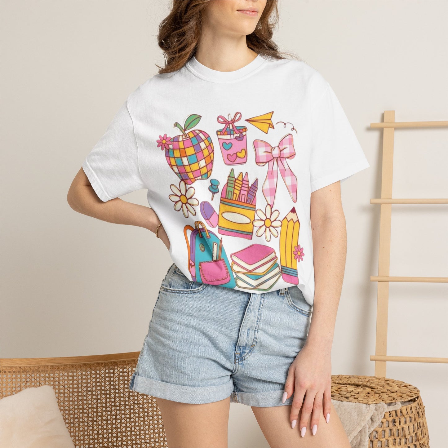 Back-to-School Cute Supplies T-Shirt — Colorful Pencil, Backpack & Apple Design