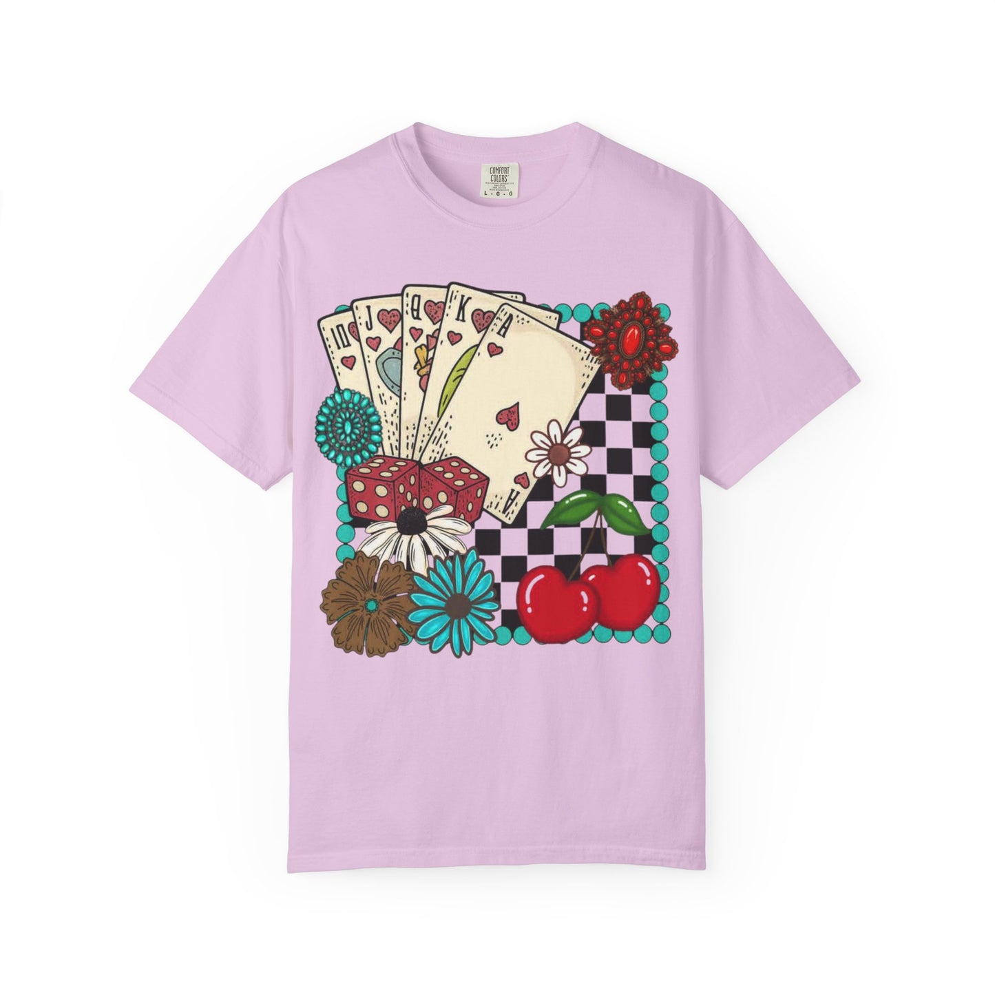 Vintage Poker Cards T-Shirt | Floral Cherry Checkerboard Design