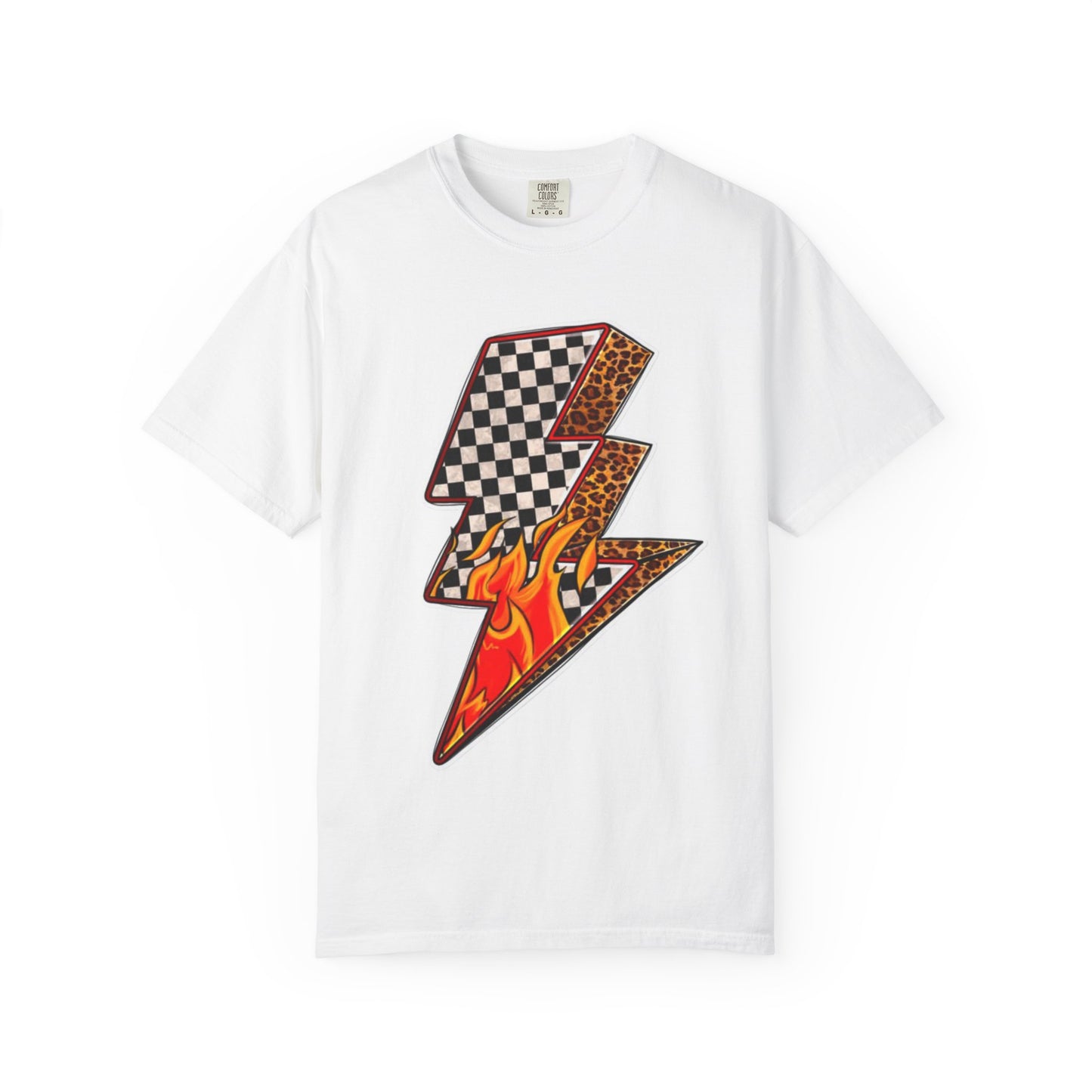 Checkerboard & Flame Lightning Bolt T-Shirt | Retro Racing Graphic