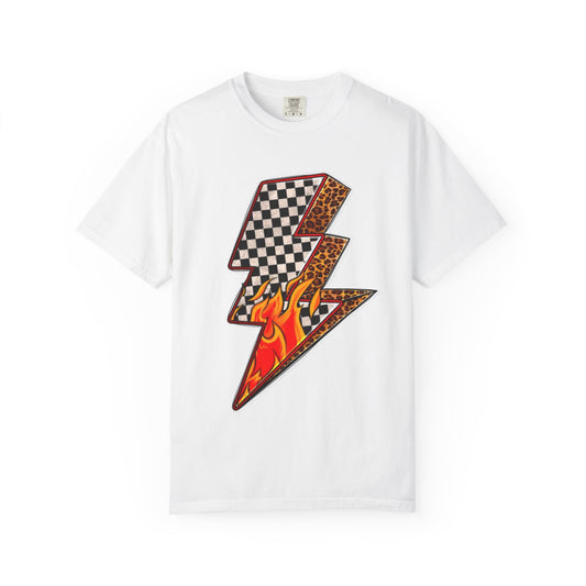 Checkerboard & Flame Lightning Bolt T-Shirt | Retro Racing Graphic