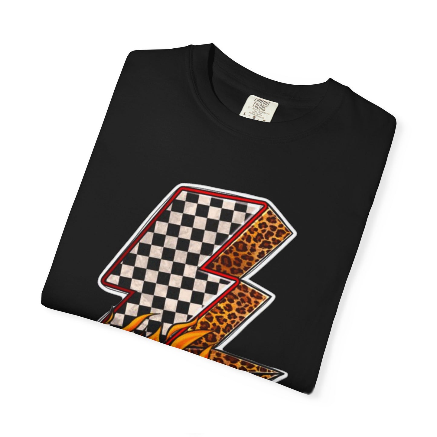 Checkerboard & Flame Lightning Bolt T-Shirt | Retro Racing Graphic