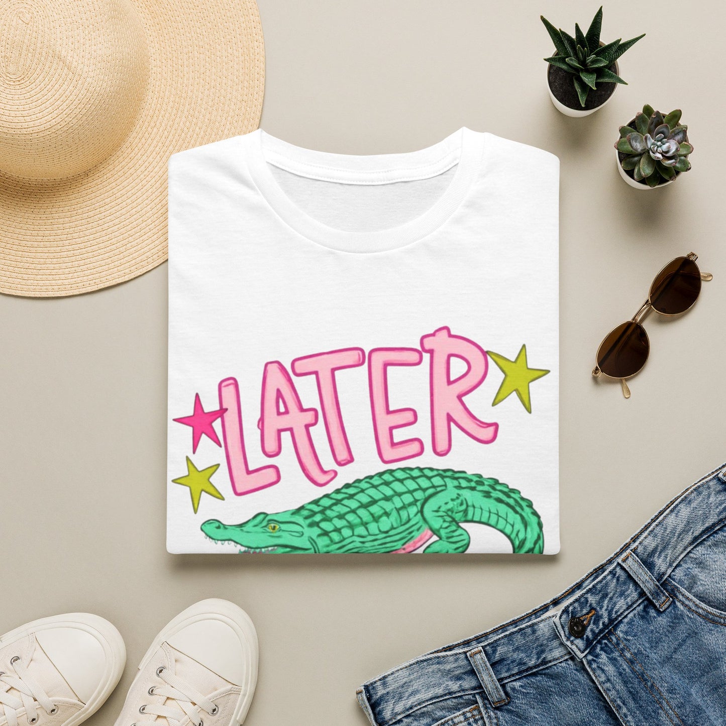 Later Crocodile Graphic T-Shirt — Retro Pink & Green Alligator Tee