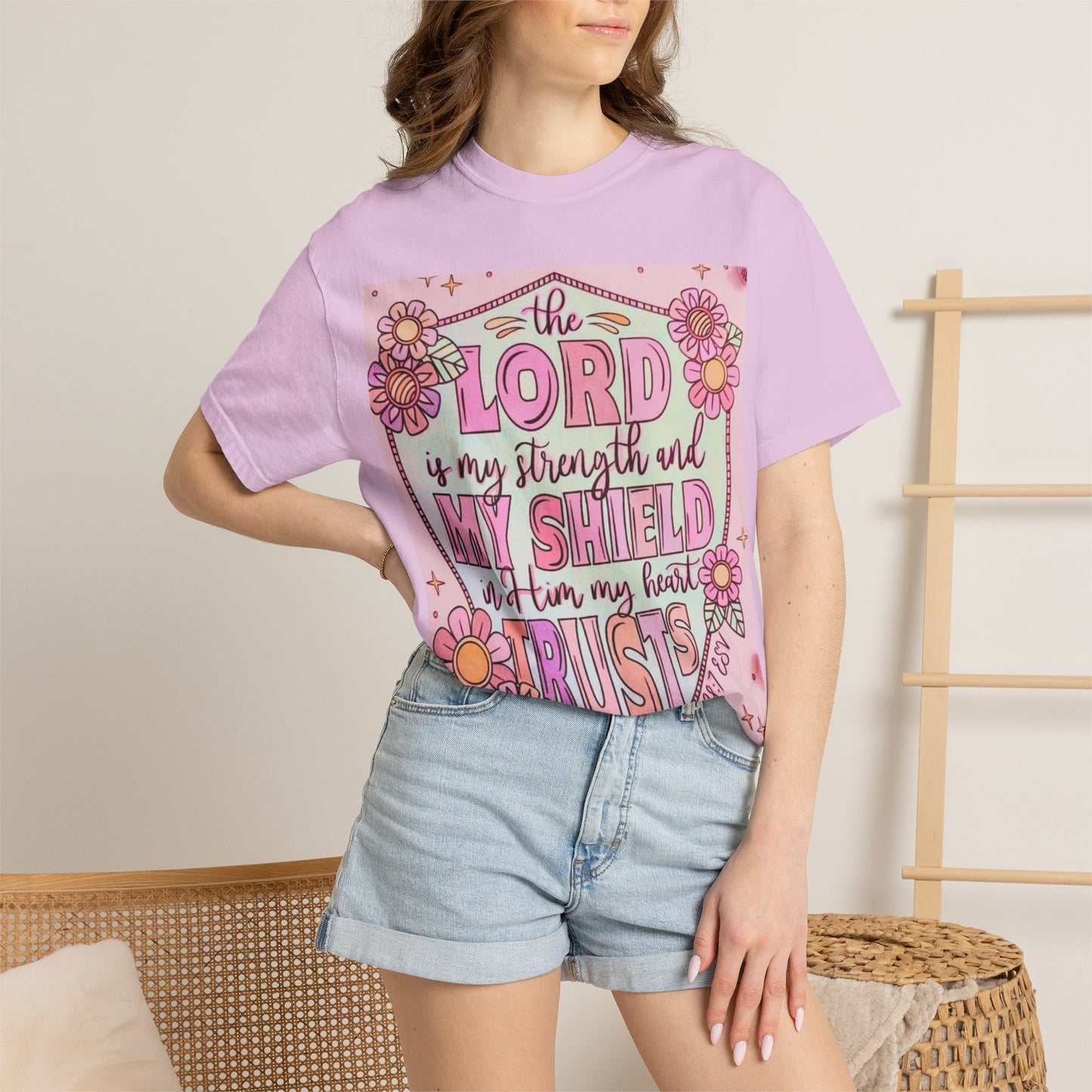 Women’s Faith T-Shirt — “The Lord Is My Strength and My Shield” Floral Christian Tee