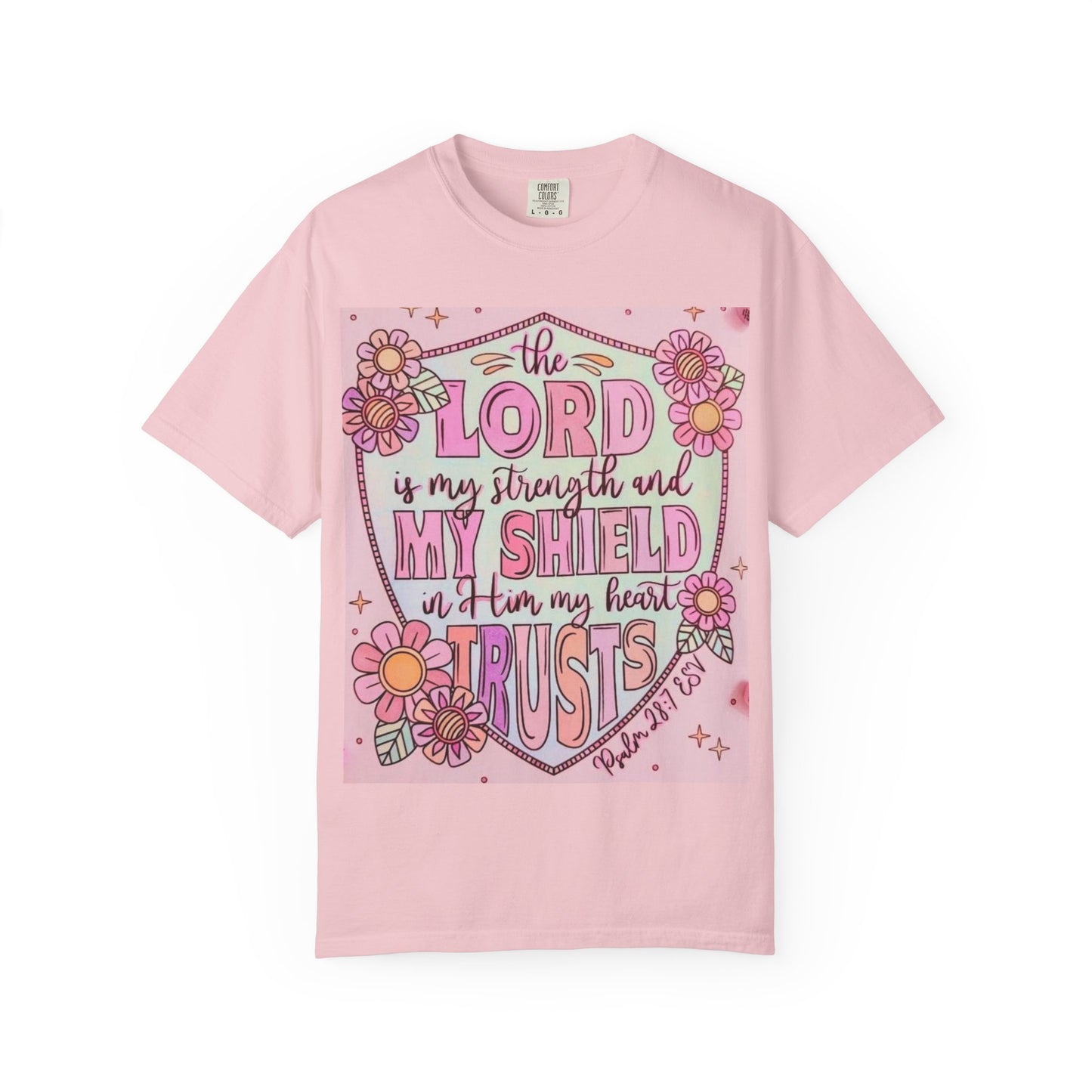 Women’s Faith T-Shirt — “The Lord Is My Strength and My Shield” Floral Christian Tee