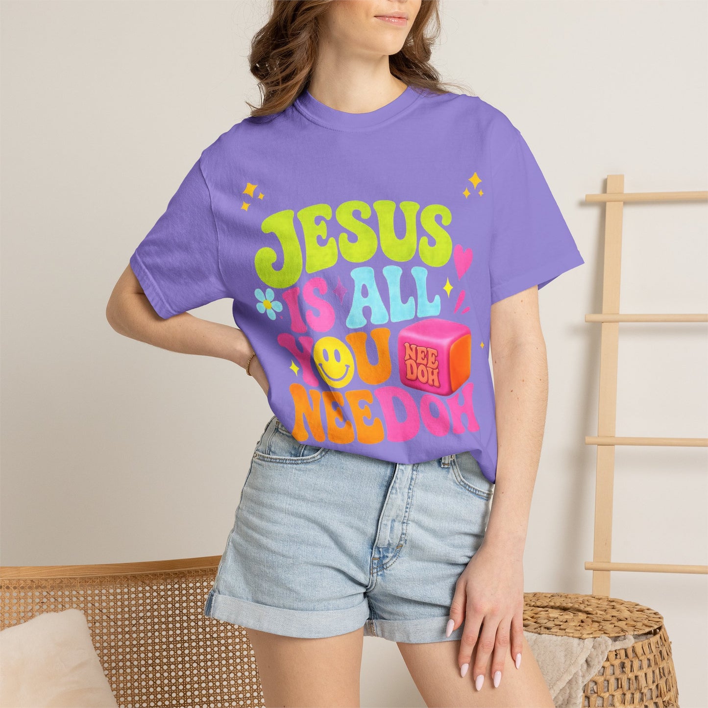 Christian T-Shirt — "Jesus Is All You Need" Colorful Retro Graphic Tee