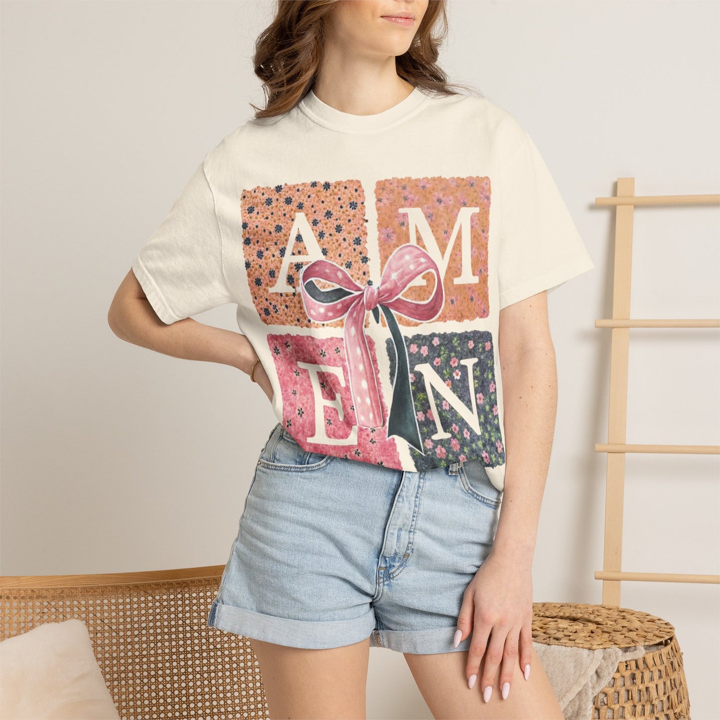 Amen Floral Bow T-Shirt — Decorative Letter Graphic Tee