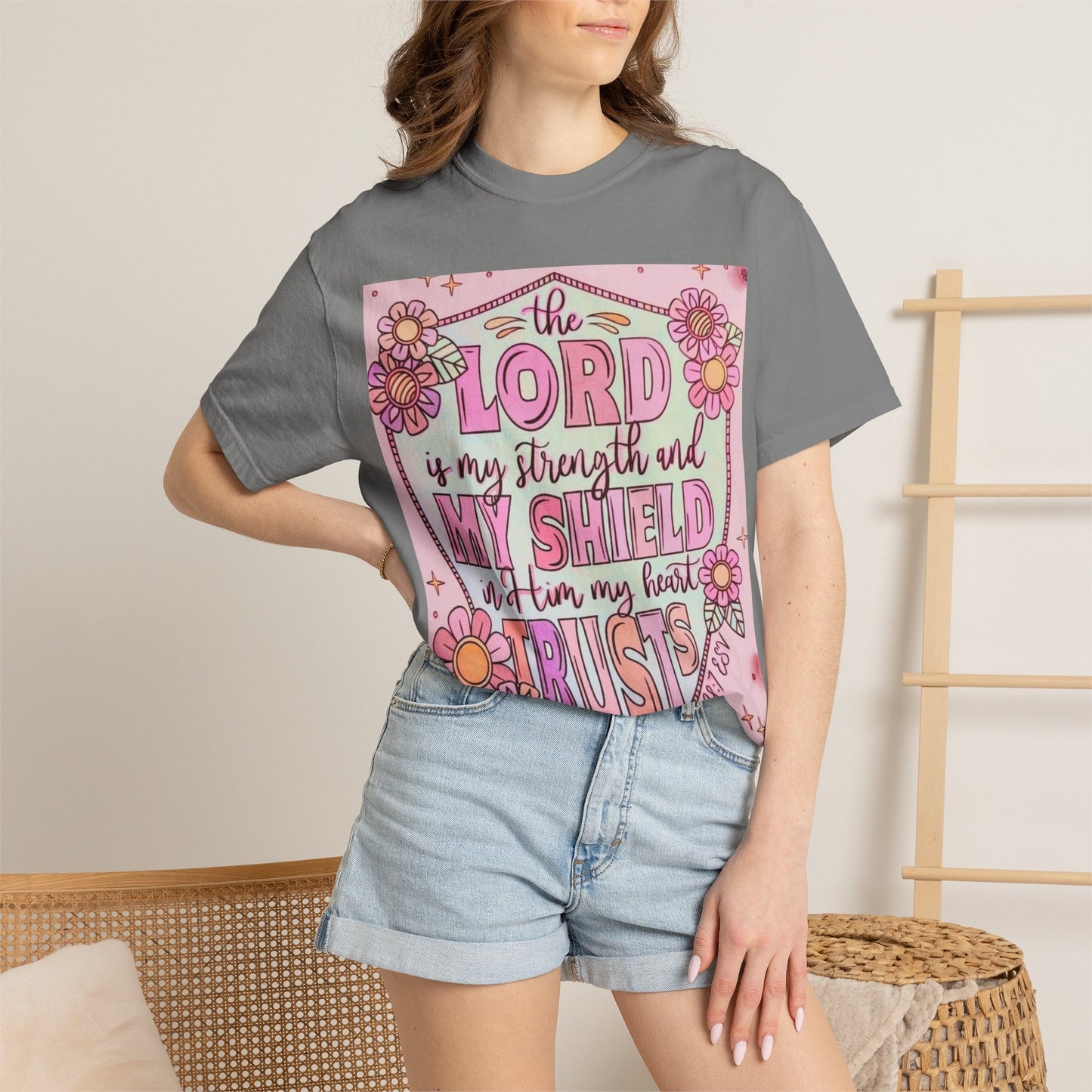 Women’s Faith T-Shirt — “The Lord Is My Strength and My Shield” Floral Christian Tee