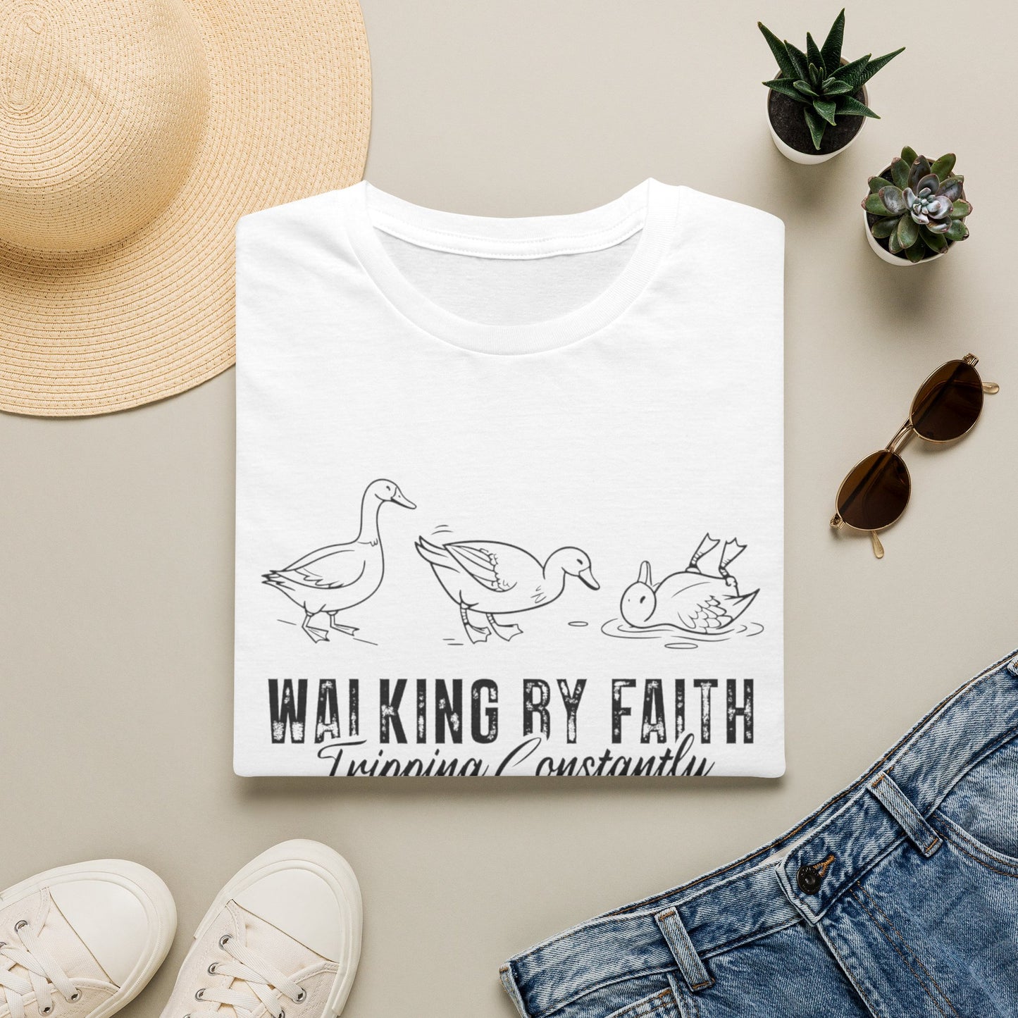 Walking By Faith Tee — 'Walking By Faith, Tripping Constantly' Duck Graphic Christian T-Shirt
