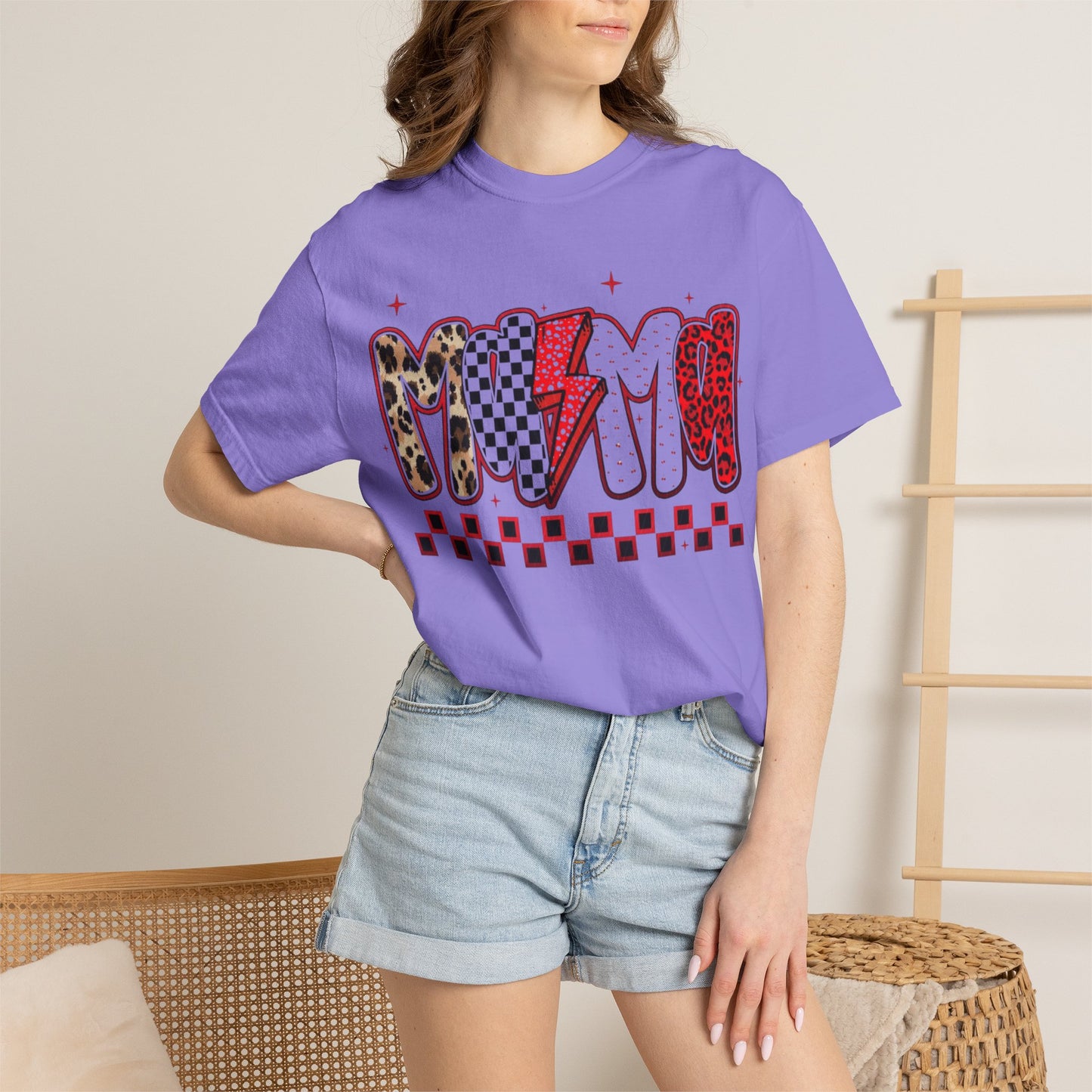 Mama Lightning Bolt Graphic T-Shirt — Playful Leopard & Heart Print