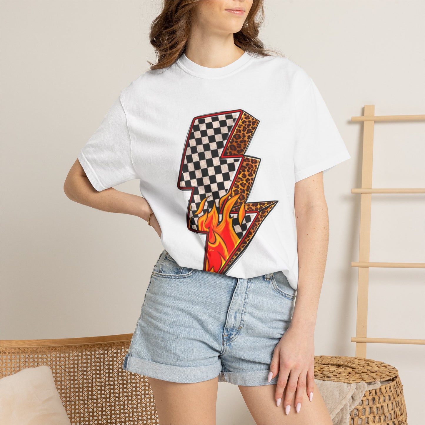 Checkerboard & Flame Lightning Bolt T-Shirt | Retro Racing Graphic
