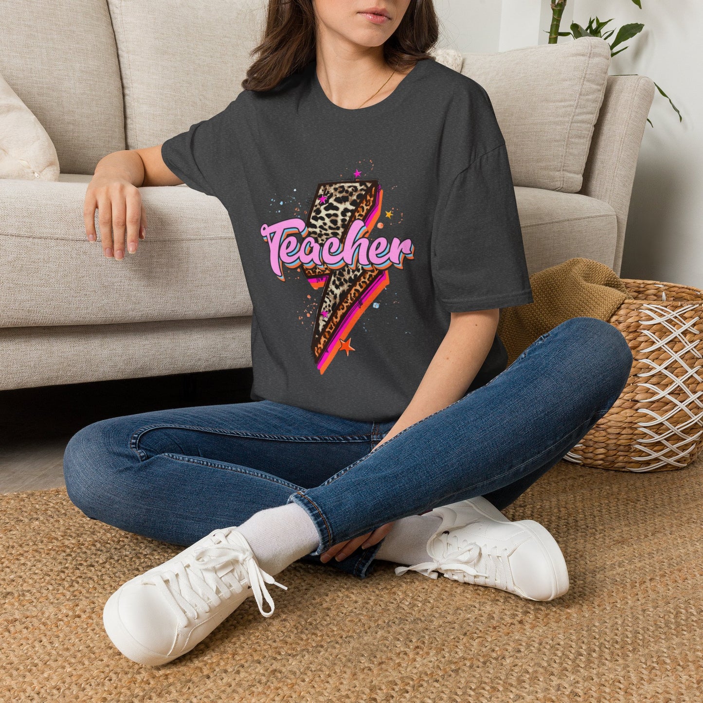 Teacher Lightning Bolt Leopard Print T‑Shirt — Retro Pink Script Graphic Tee for Educators