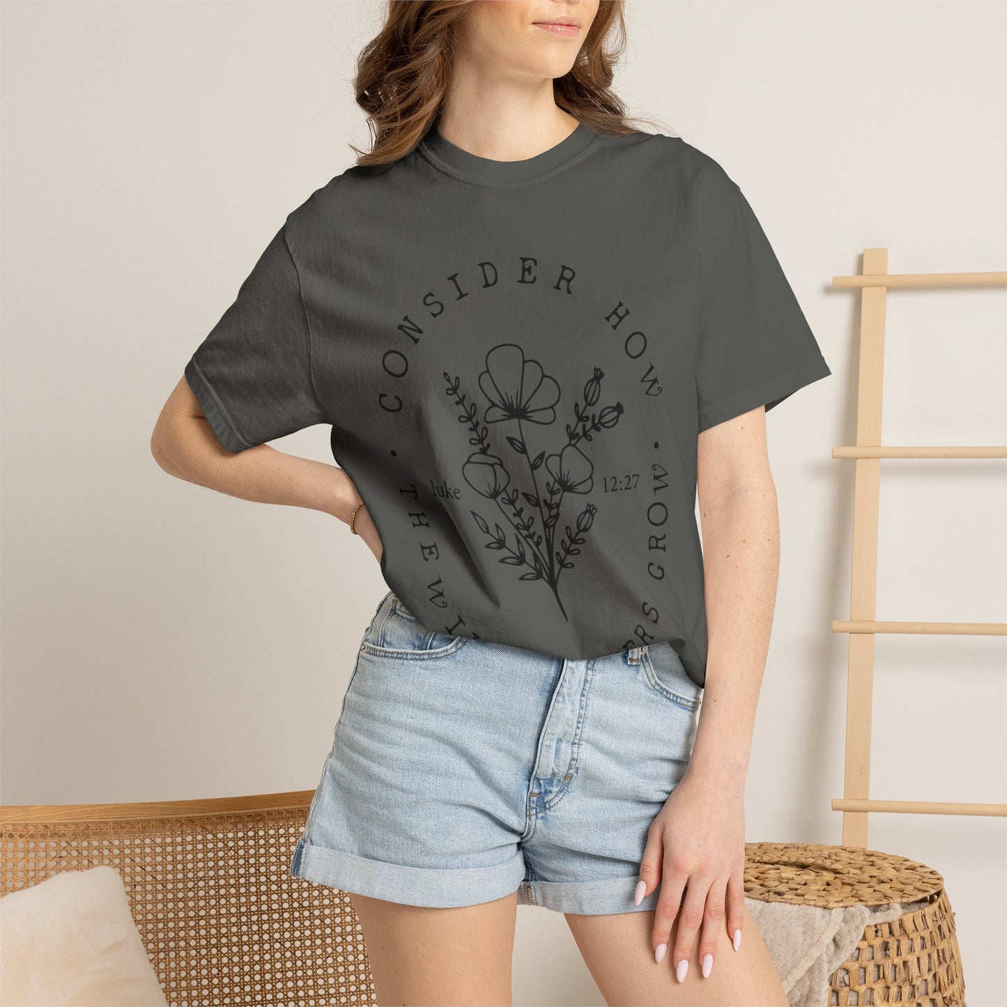 T-Shirt — "Consider How the Wildflowers Grow" Floral Scripture Tee (Luke 12:27)