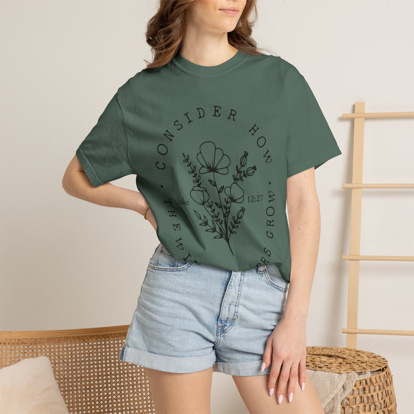 T-Shirt — "Consider How the Wildflowers Grow" Floral Scripture Tee (Luke 12:27)
