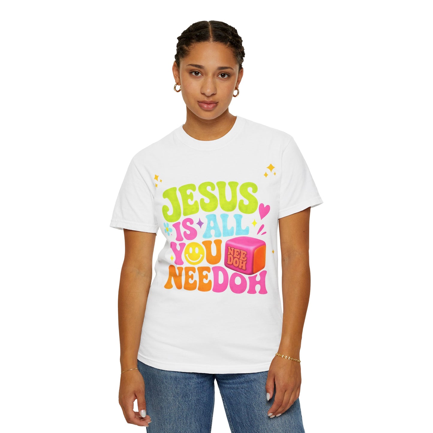 Christian T-Shirt — "Jesus Is All You Need" Colorful Retro Graphic Tee