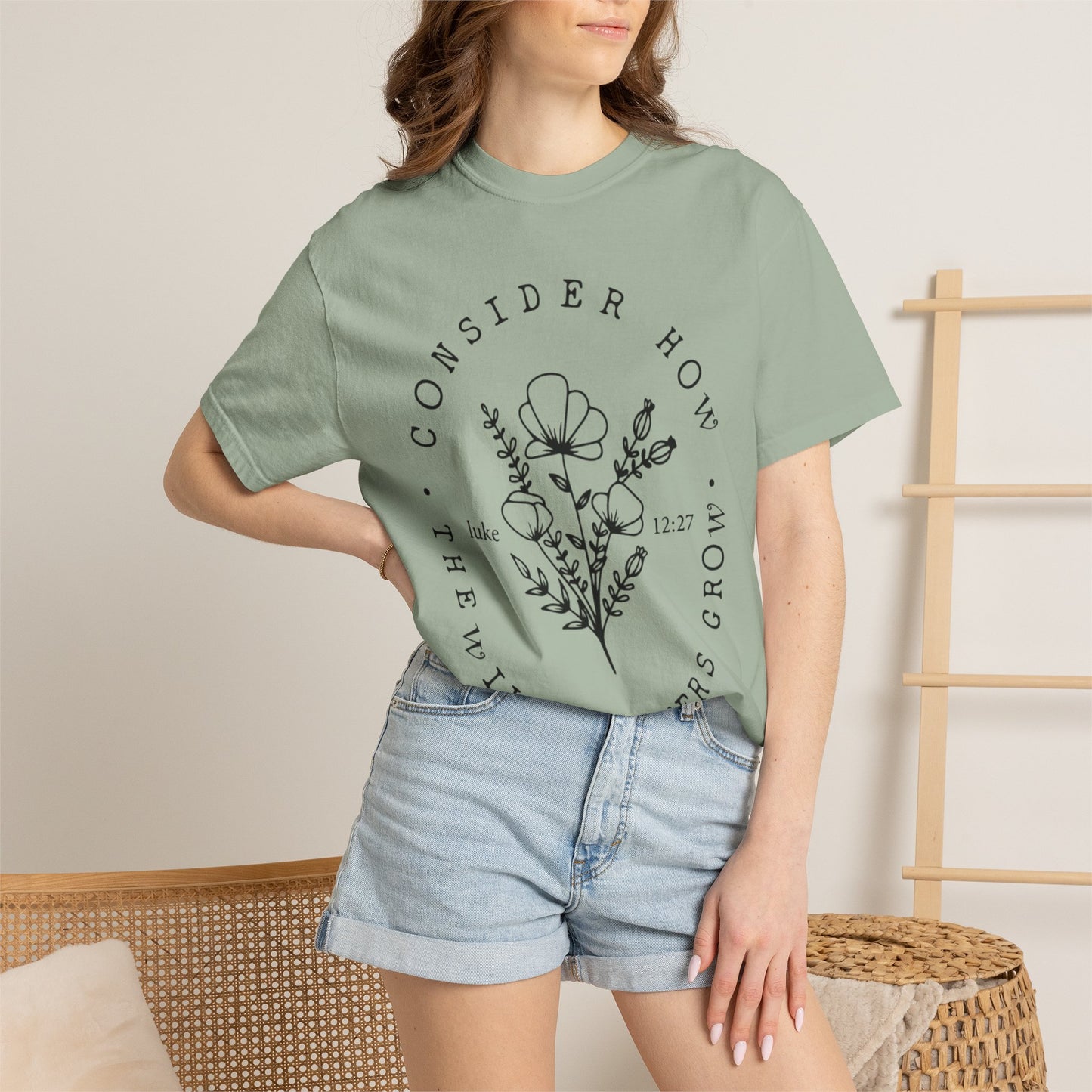 T-Shirt — "Consider How the Wildflowers Grow" Floral Scripture Tee (Luke 12:27)