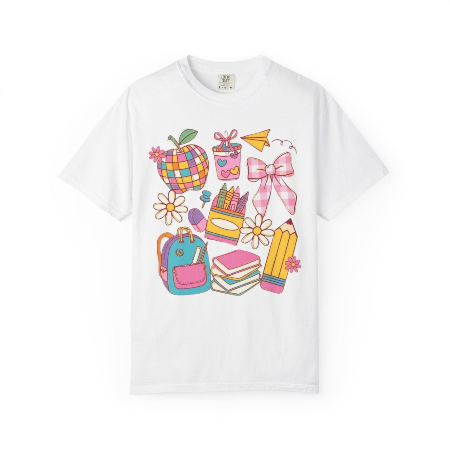 Back-to-School Cute Supplies T-Shirt — Colorful Pencil, Backpack & Apple Design
