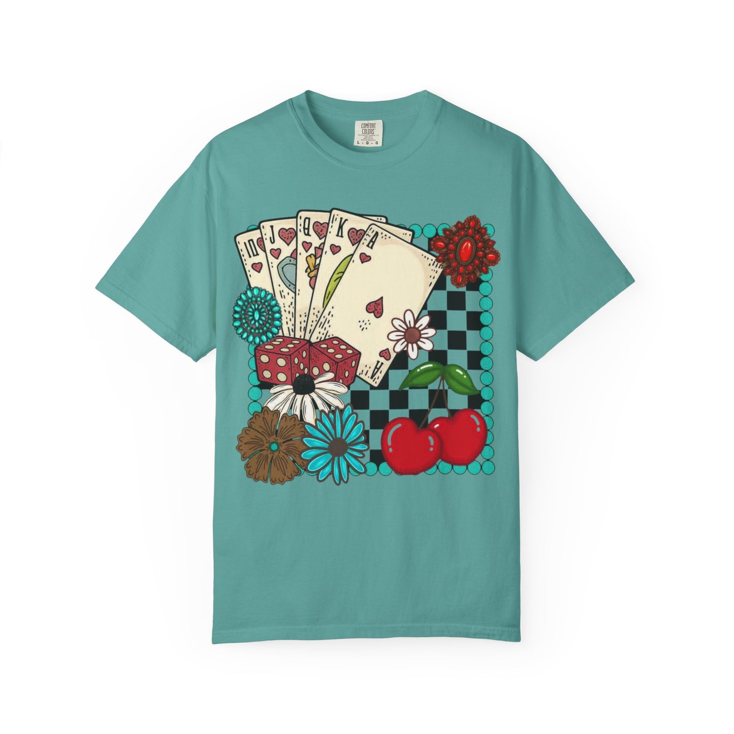 Vintage Poker Cards T-Shirt | Floral Cherry Checkerboard Design
