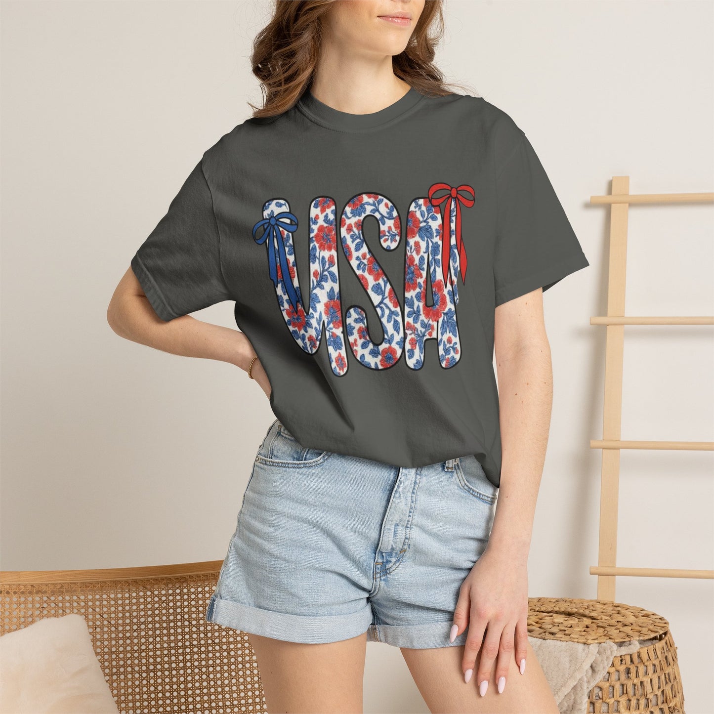 USA Floral Bow T-Shirt — Patriotic Fourth of July Tee
