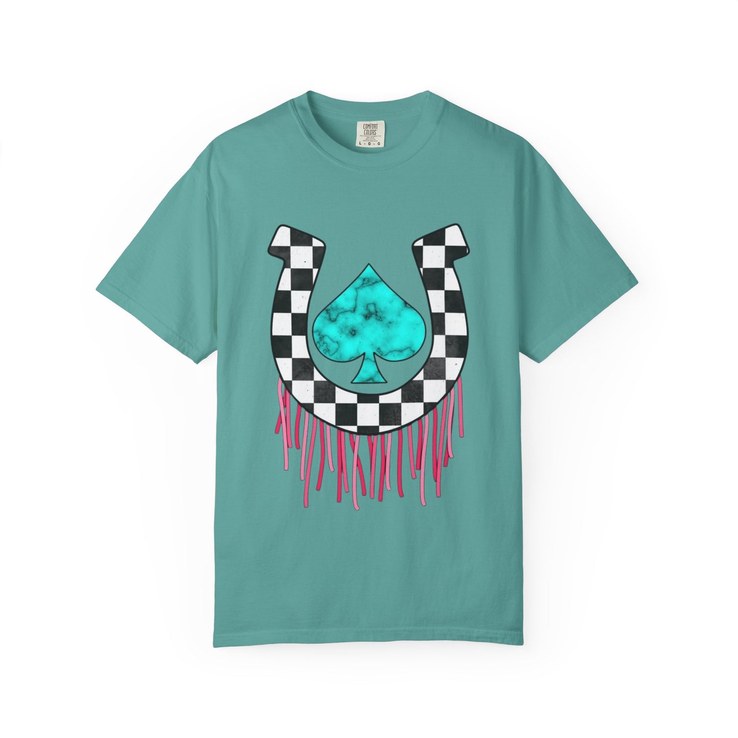 Checkerboard Horseshoe with Turquoise Spade T-Shirt | Drip Fringe Graphic
