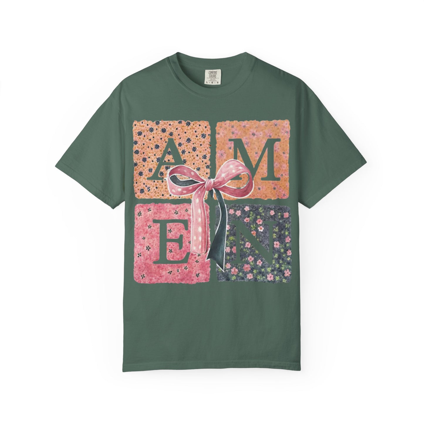 Amen Floral Bow T-Shirt — Decorative Letter Graphic Tee