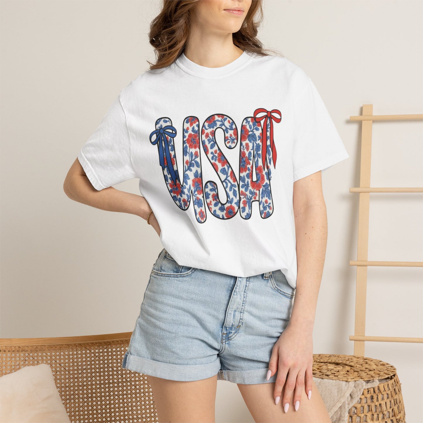 USA Floral Bow T-Shirt — Patriotic Fourth of July Tee