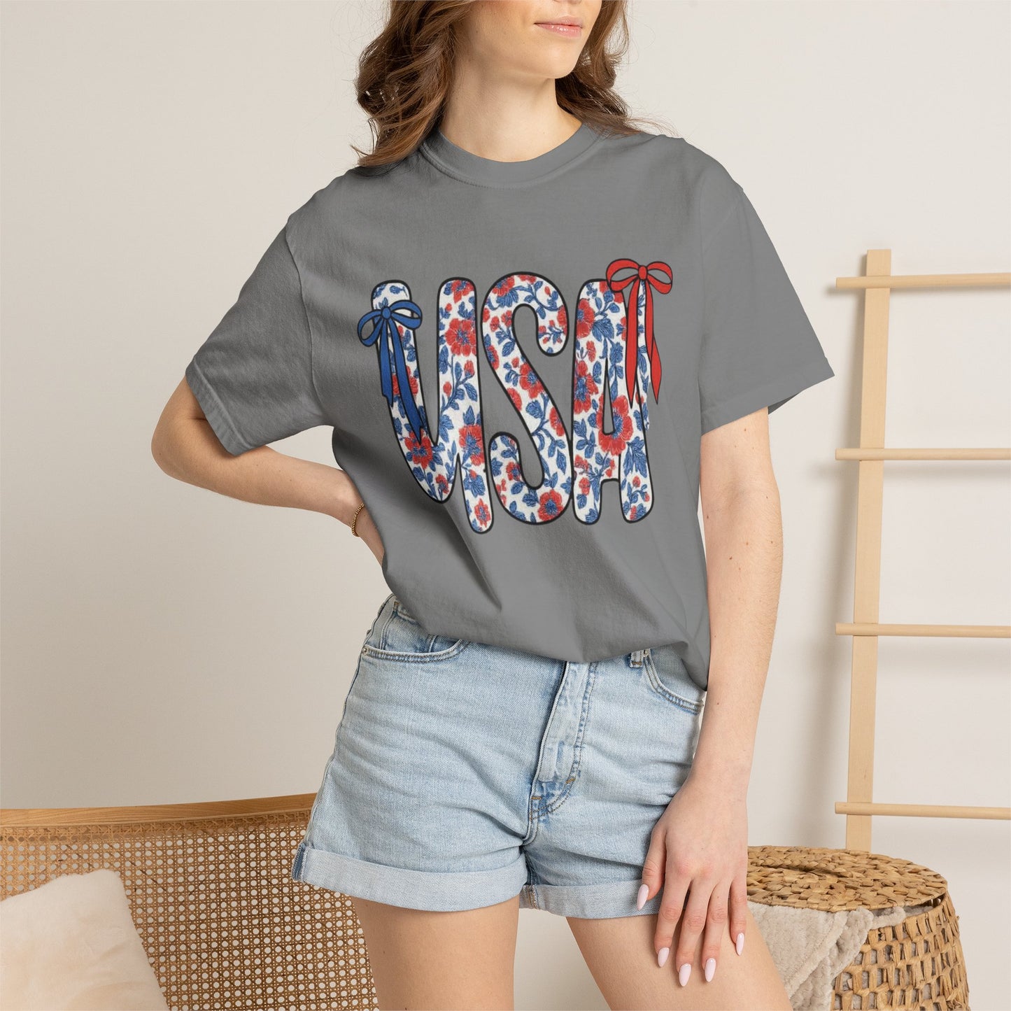 USA Floral Bow T-Shirt — Patriotic Fourth of July Tee