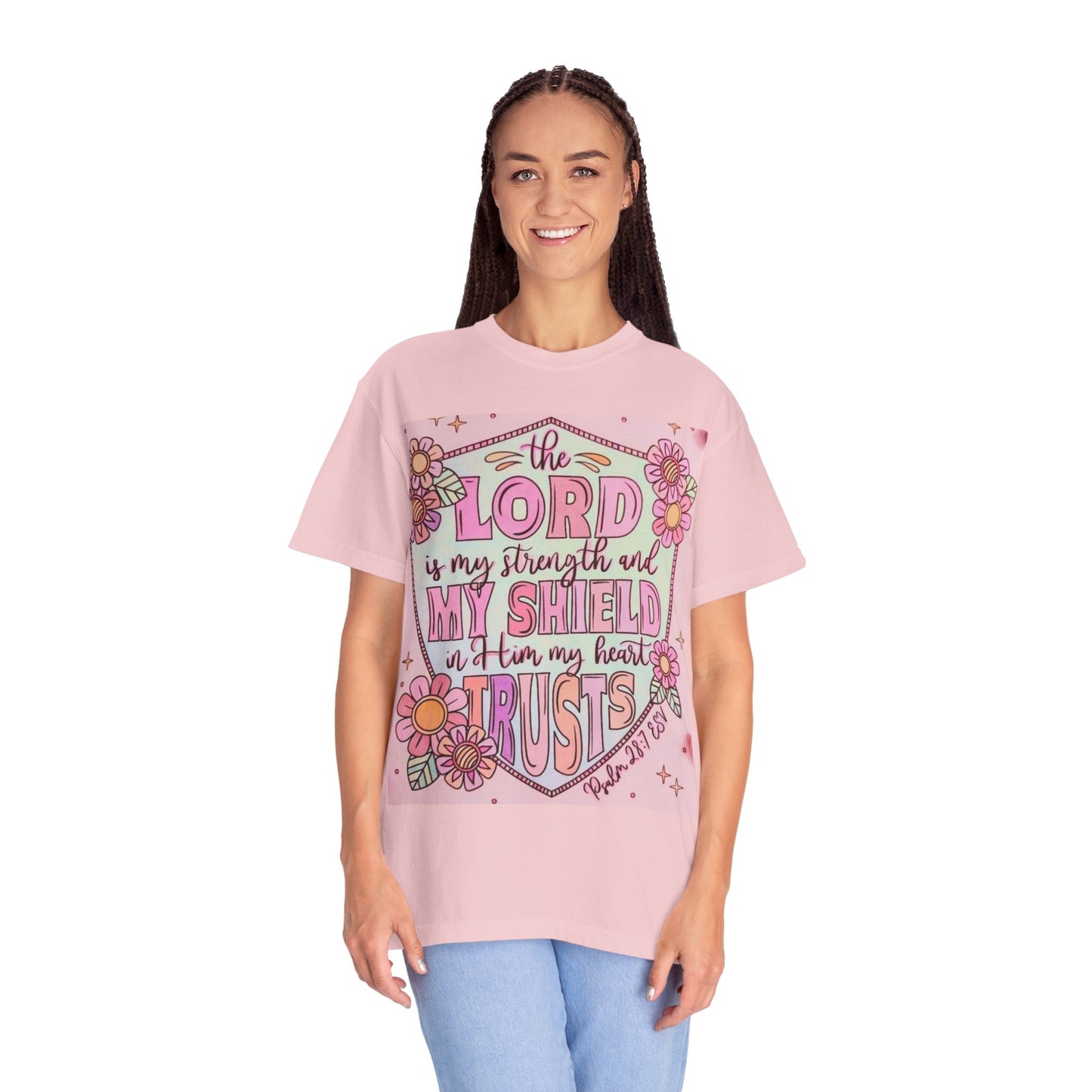 Women’s Faith T-Shirt — “The Lord Is My Strength and My Shield” Floral Christian Tee