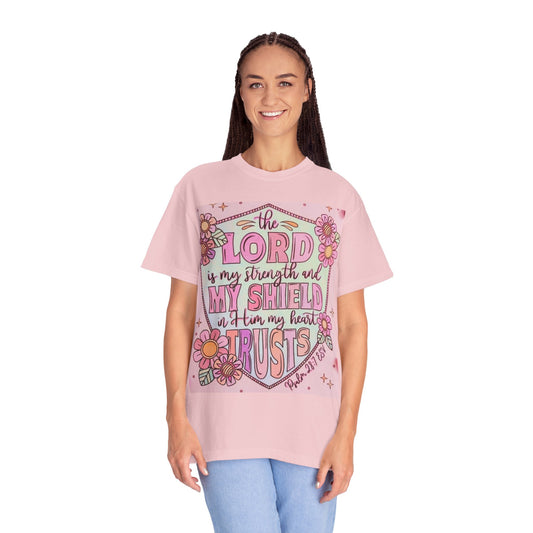 Women’s Faith T-Shirt — “The Lord Is My Strength and My Shield” Floral Christian Tee
