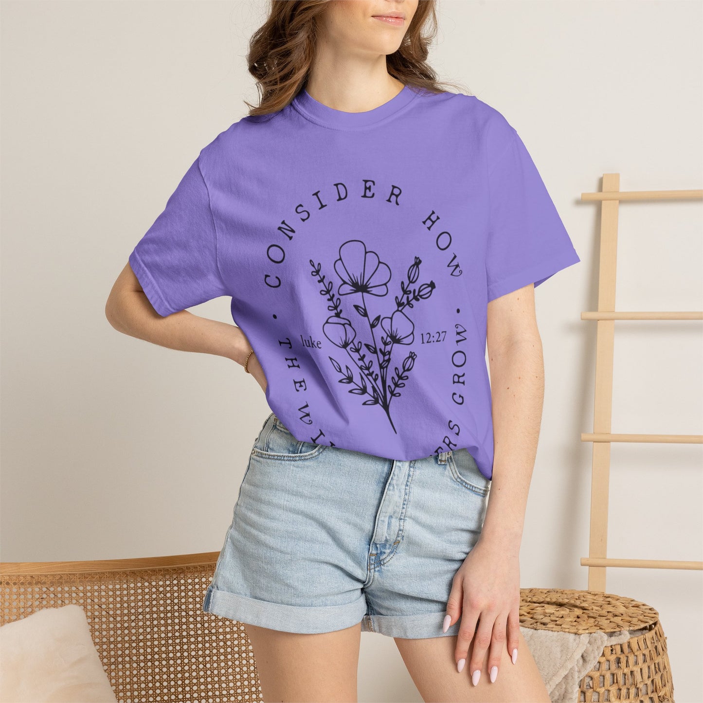 T-Shirt — "Consider How the Wildflowers Grow" Floral Scripture Tee (Luke 12:27)