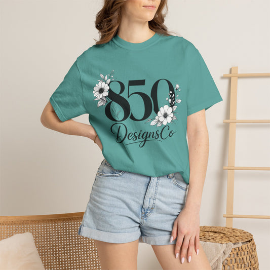850 Designs Co Floral Logo T-shirt | Script Number Graphic