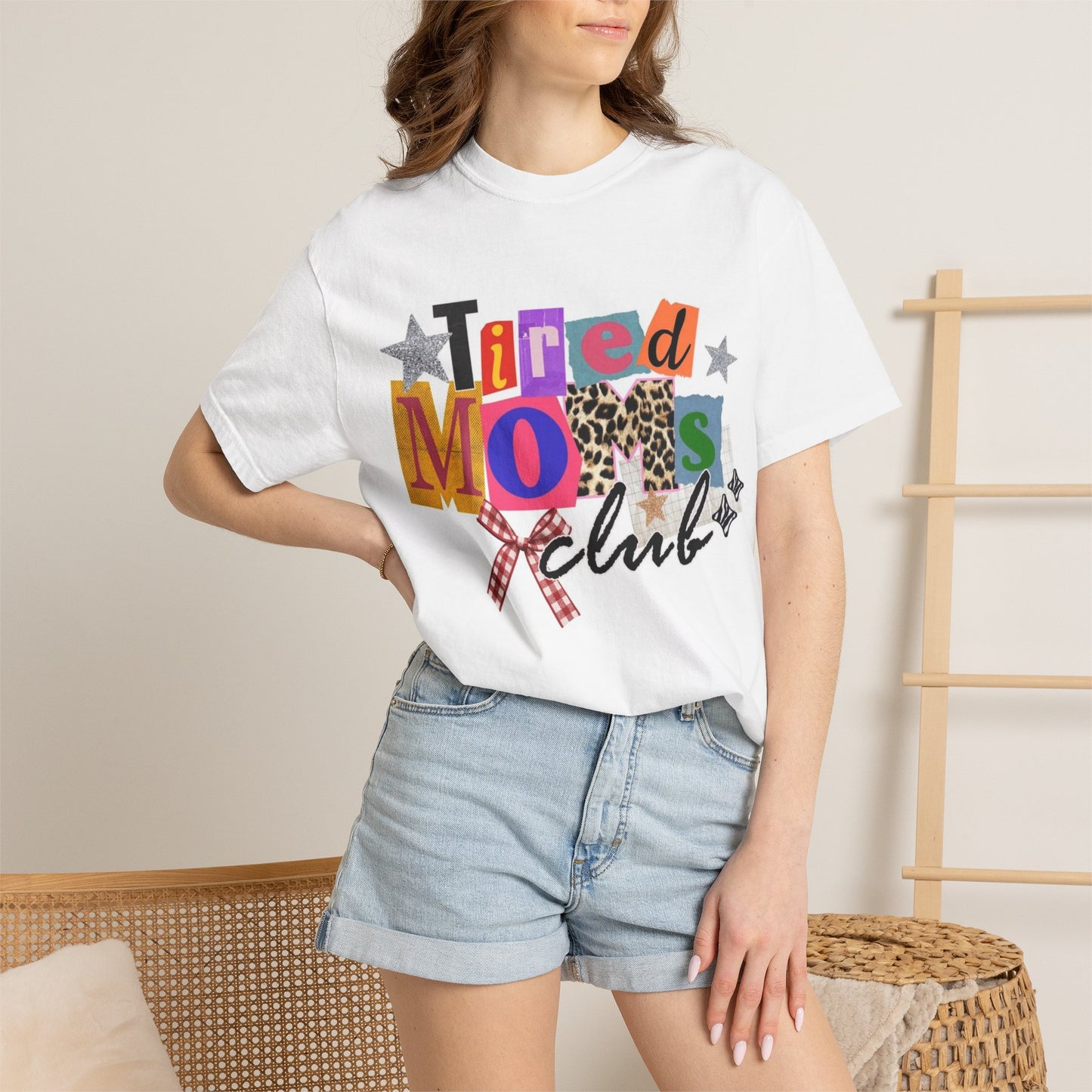 Tired Moms Club T-shirt | Colorful Patchwork Letters, Leopard & Ribbon Design