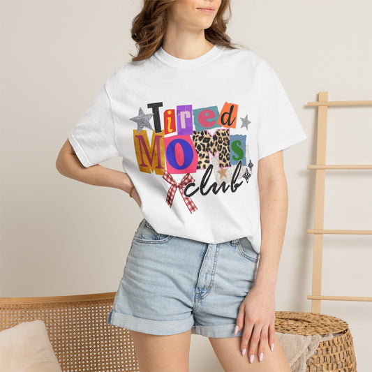 Tired Moms Club T-shirt | Colorful Patchwork Letters, Leopard & Ribbon Design