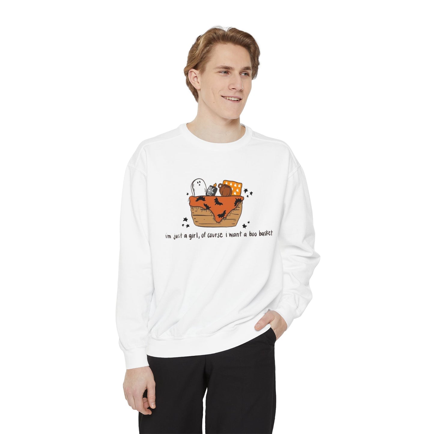 Halloween Boo Basket Sweatshirt — 'I'm not a girl, I swear I meant a boo basket' Cozy Halloween Pullover