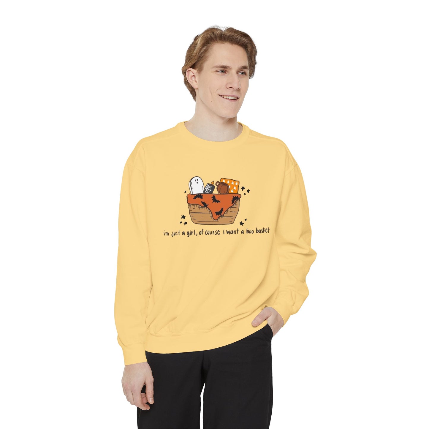 Halloween Boo Basket Sweatshirt — 'I'm not a girl, I swear I meant a boo basket' Cozy Halloween Pullover