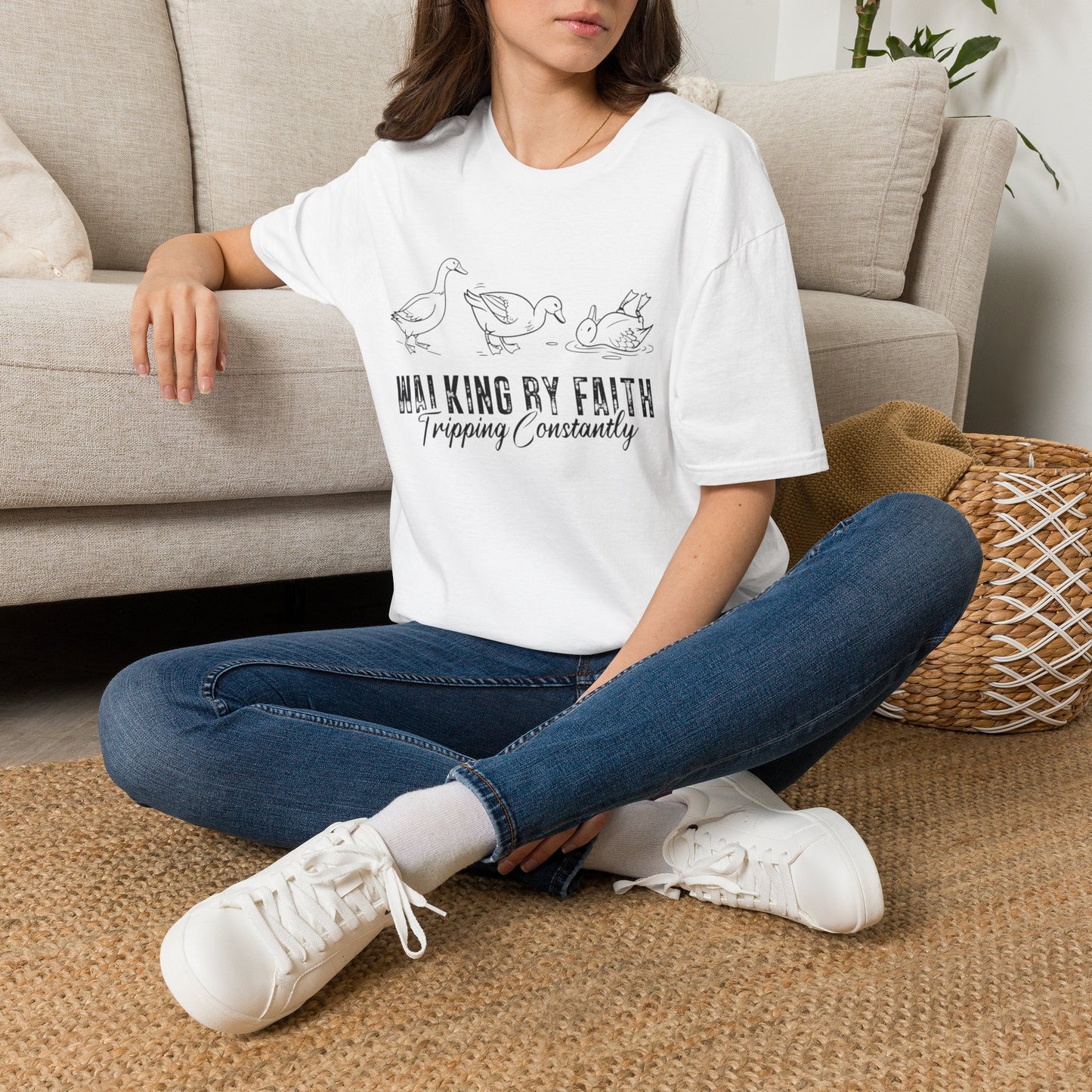Walking By Faith Tee — 'Walking By Faith, Tripping Constantly' Duck Graphic Christian T-Shirt