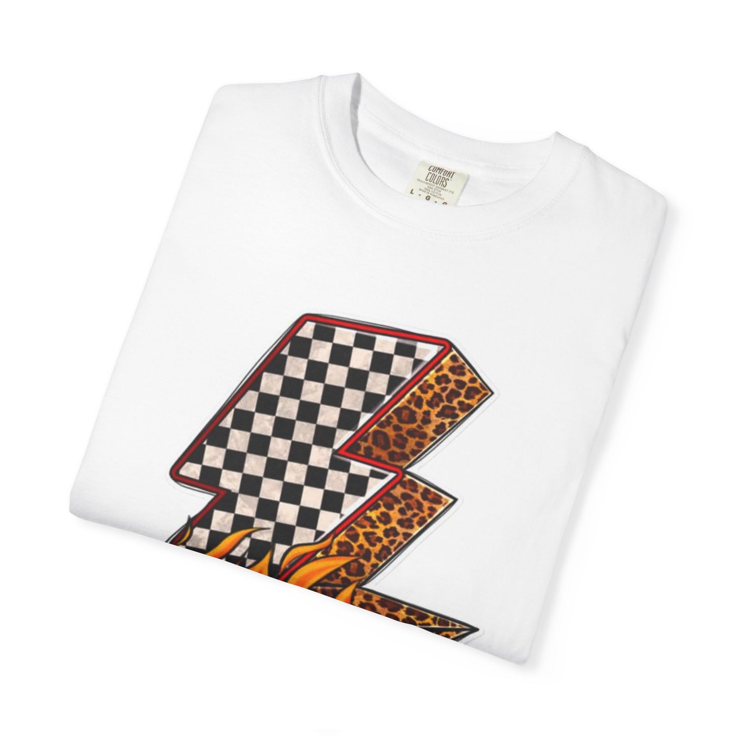 Checkerboard & Flame Lightning Bolt T-Shirt | Retro Racing Graphic