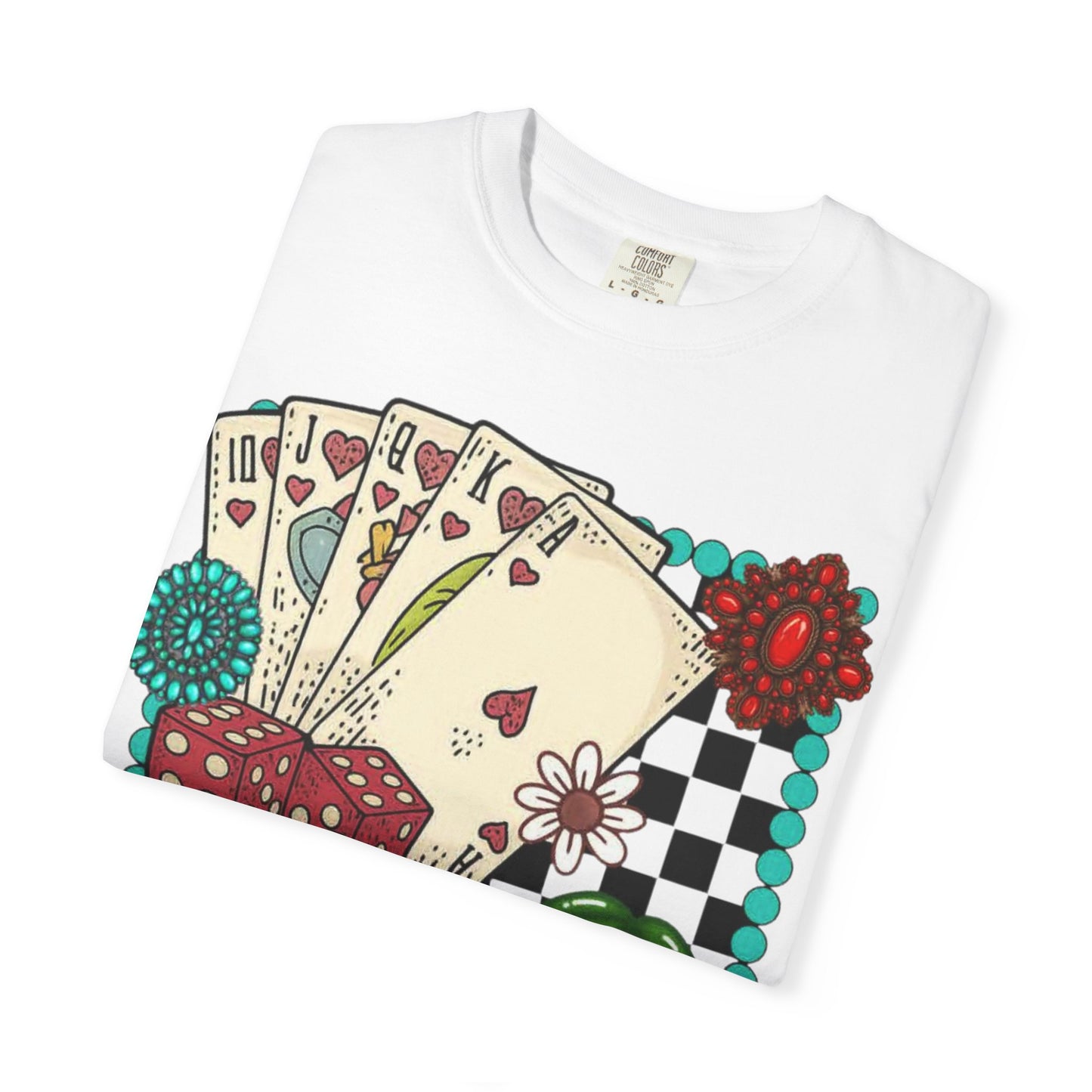 Vintage Poker Cards T-Shirt | Floral Cherry Checkerboard Design
